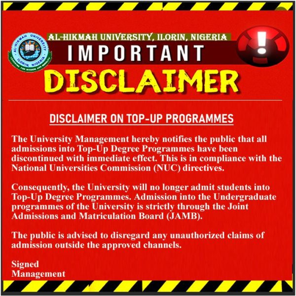 Promotion Disclaimer DISCLAIMER ON TOP-UP PROGRAMMES – Al-Hikmah University, Ilorin ...